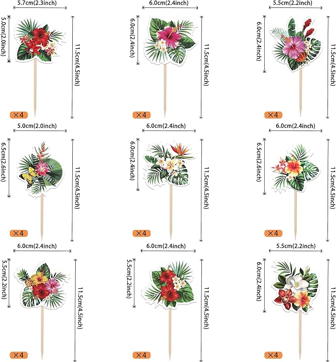 Rsstarxi 36 Pack Tropics Cupcake Toppers Turtle Leaves Flowers Tropical Plants Cupcake Picks for Summer Hawaii Tropics Theme Baby Shower Wedding Birthday Party Cake Decorations