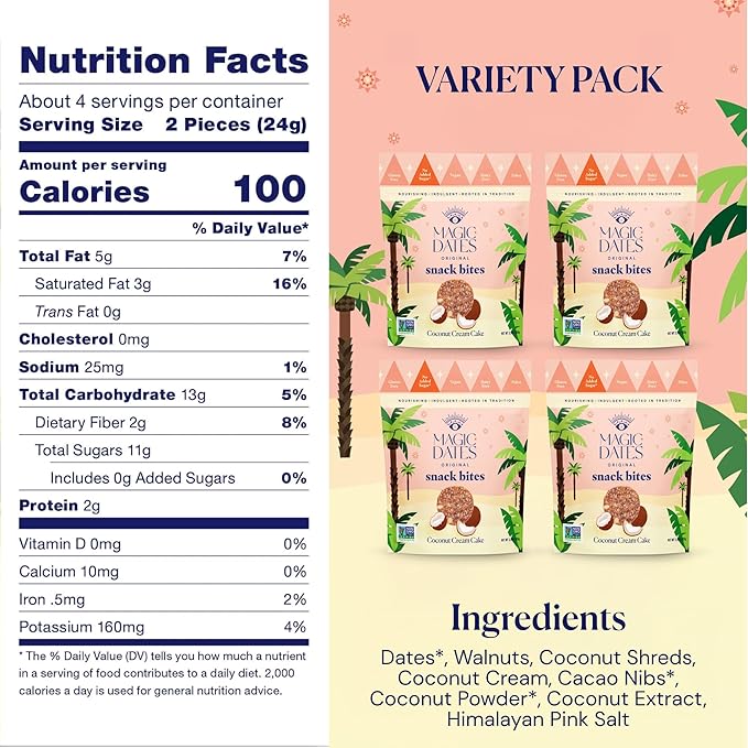 MAGICDATES Date Snack Bites | Coconut Cream Cake – 4 Bags (16 Servings) | Medjool Dates | No Added Sugar | Gluten-Free | Vegan | Paleo | Plant-Based | Healthy Coconut Snack | Clean Ingredients