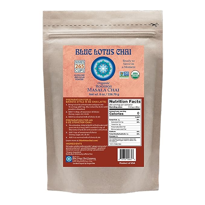 Blue Lotus Chai ??Organic Rooibos Masala Chai - Makes 265 Cups ??Caffeine-Free, No Steeping, No Gluten - 8 Ounce Masala Chai Powder with Organic Spices ??Authentic Indian Tea