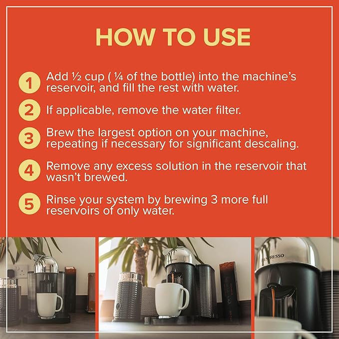 Descaler Compatible with Nespresso Vertuo Machine - 1 YEAR SUPPLY Concentrated Descaler for Nespresso - 16oz Coffee Maker Cleaner for Nespresso, Breville, Keurig, Espresso Machine - 4 Uses