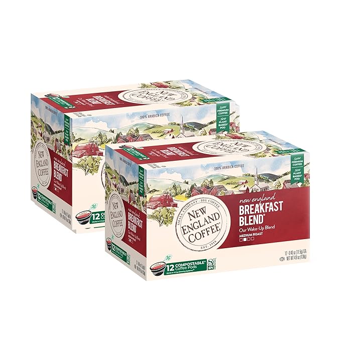 New England Coffee Breakfast Blend Medium Roast Single Serve Pods, 12ct Box (Pack of 2)