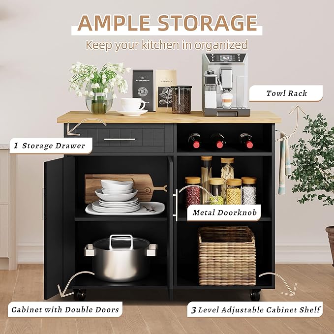 Shintenchi Kitchen Island Cart with Storage,Rolling Kitchen Island Side Table on Wheels with Large Worktop,Storage Cabinet,Towel Rack and Drawers for Kitchen,Dinning Room, White