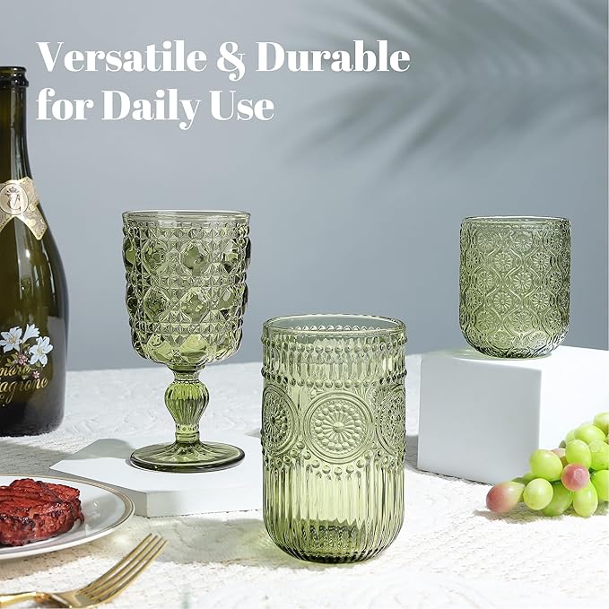 Joeyan Vintage Green Drinking Glasses Set of 4,14 oz Embossed Sunflower Beaded Highball Glass Water Tumbler Cups,Colored Romantic Glassware for Beverages Cocktail Juice Wine,Dishwasher Safe