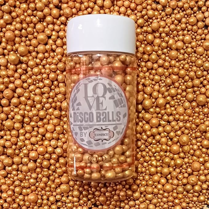 Confect Gold Edible Cake Sprinkles ??Confect Love Metallic Disco Balls for Cake & Cupcake Decorating ??Shiny Gold Sugar Pearls for Baking, Desserts, Cookies | Vegan, Gluten-Free, Nut-Free, Soy-Free, Dairy-Free, Palm Oil-Free??4.2 Oz