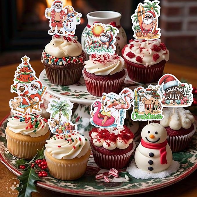 40 PCS Summer Christmas Cupcake Toppers Christmas Party in July Party Decorations Santa Claus Flamingo Cupcake Picks for Summer Beach Pool Hawaiian Theme Party Cake Decorations Supplies
