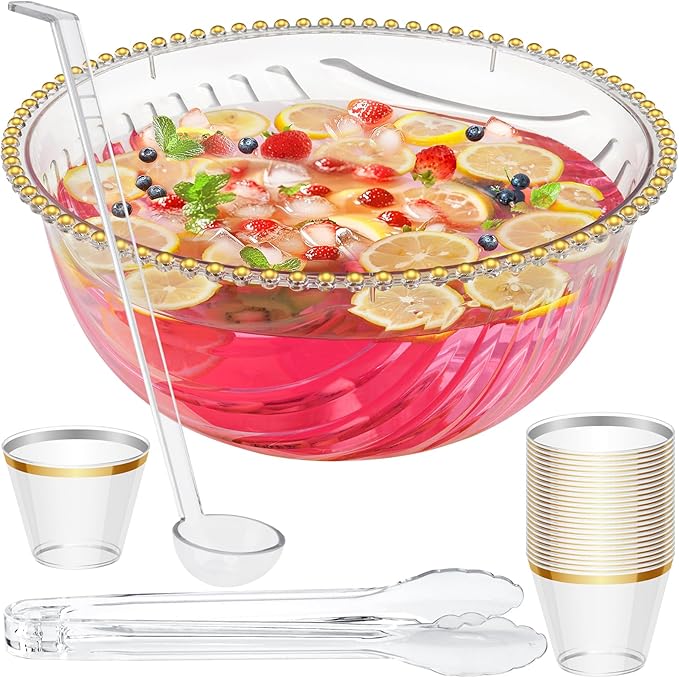 NiHome Large Plastic Punch Bowl with Ladle, Tongs and 25 Gold-Rimmed Cups for Wedding, Birthday, BBQ, Baby Shower, Holiday, 1.7 Gallon Reusable Clear Party Bowl Set for Drinks, Salads, Snacks & More