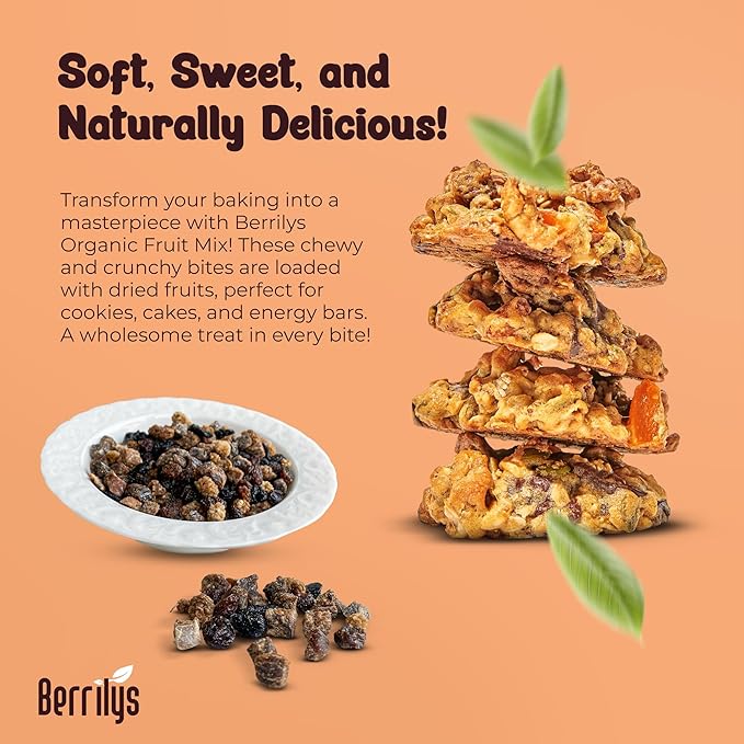 Berrilys Dried Fruit Mix, 2 Lbs, Organic, Diced Figs, Diced Apricots, White Mulberries, Sultanas, Sour Cherries, No Sugar Added, Trail Mix for Baking and Snacking