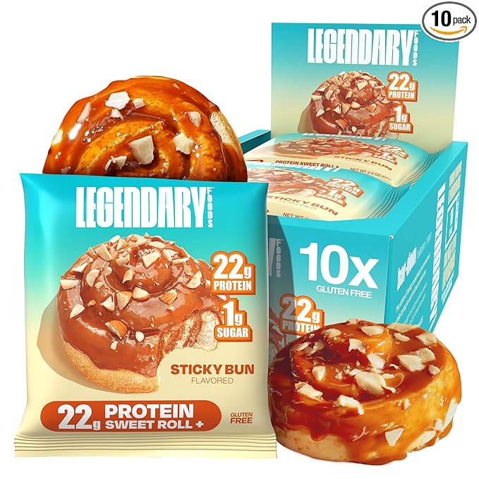 Legendary Foods 22g Protein Roll+ Sticky Bun Flavored, High Protein Snack Cakes, Low Carb Meal Replacement, Gluten Free and Keto Friendly Rolls, Zero Sugar Added, Diabetic Bariatric Friendly 10-Pack