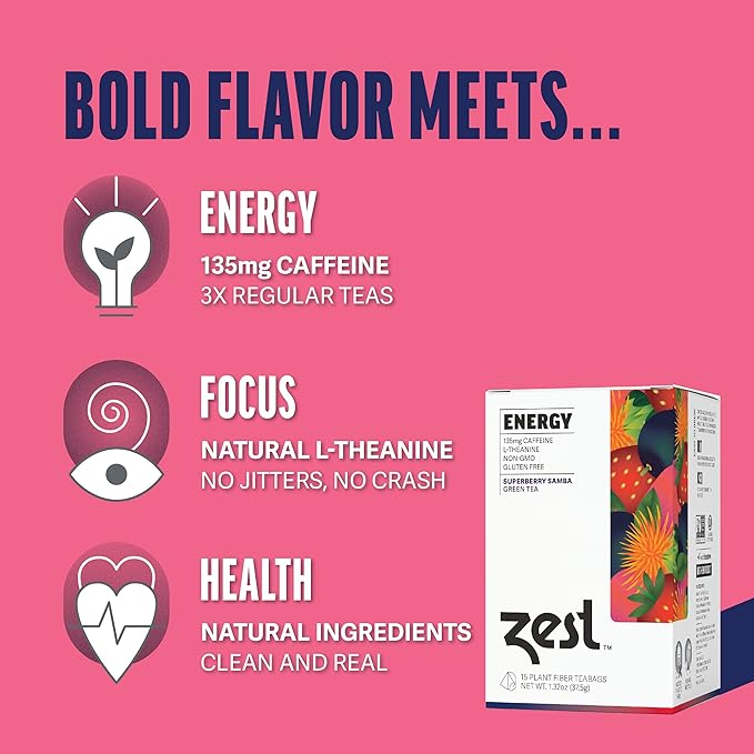 Zest Tea Energy Hot Tea, High Caffeine Blend Natural & Healthy Black Coffee Substitute, Perfect for Keto, 135 mg Caffeine per Serving, Superberry Samba Green Tea, Box of 15 Sachet Bags
