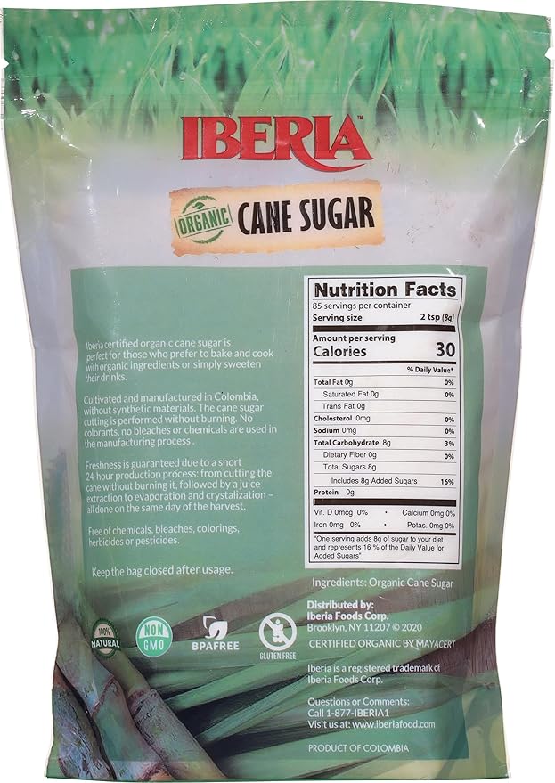 Iberia Organic Premium Cane Sugar, 1.5 lb. (Pack of 3) 100% Natural, Non GMO, Pure Cane Sugar