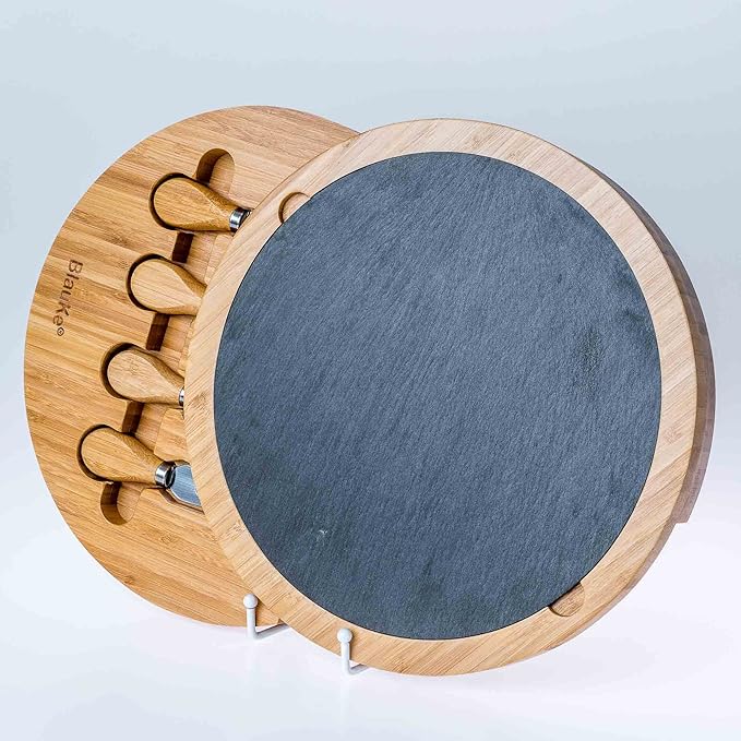 BlauKe Bamboo Cheese Board with Knife Set and Slate – 12 inch Round Charcuterie Board, Serving Tray, Platter, Wood Cheeseboard Set – Gift Idea
