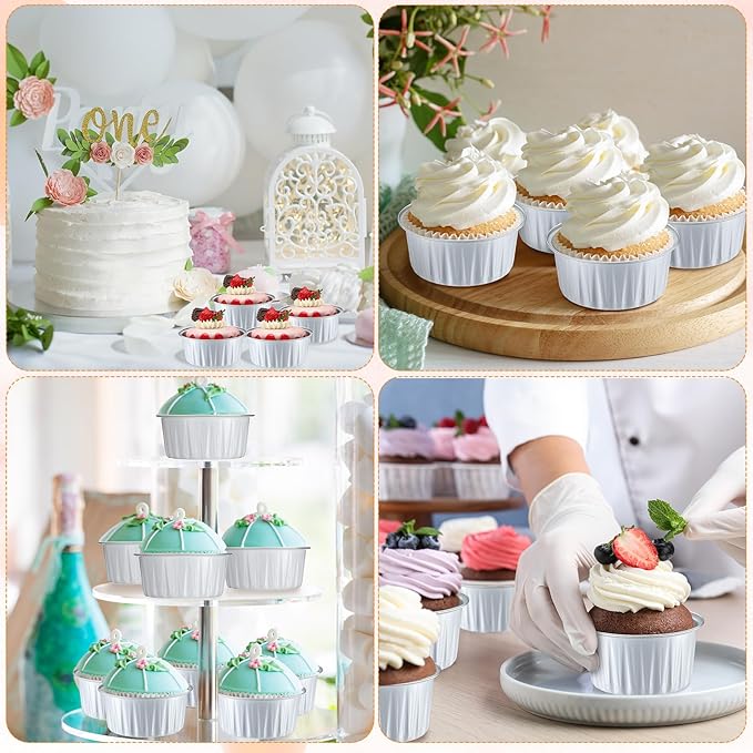 Gejoy 400 Pcs Aluminum Foil Baking Cups with Lids 5 oz Disposable Ramekins Mini Cake Pans Creme Brulee Cupcake Liners Muffin Tins Flan Mold Dessert Container for Wedding(White,Classic)
