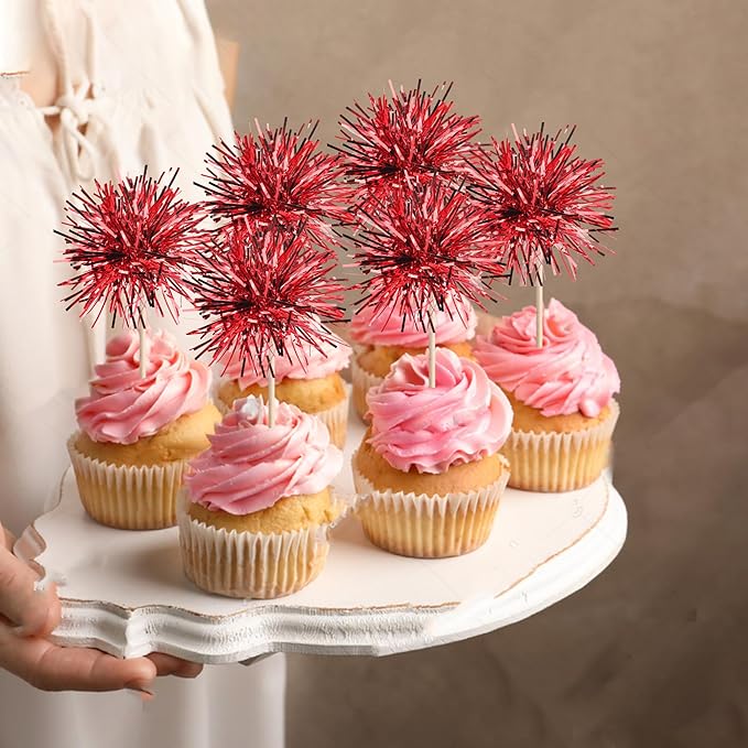 40 PCS Foil Firework Cupcake Toppers Sparkle Tinsel Cupcakae Picks Sparkler Fireworks Party Decorations Cocktail Fruit Toothpick for Birthday Wedding Graduation Party Decorations Supplies Red