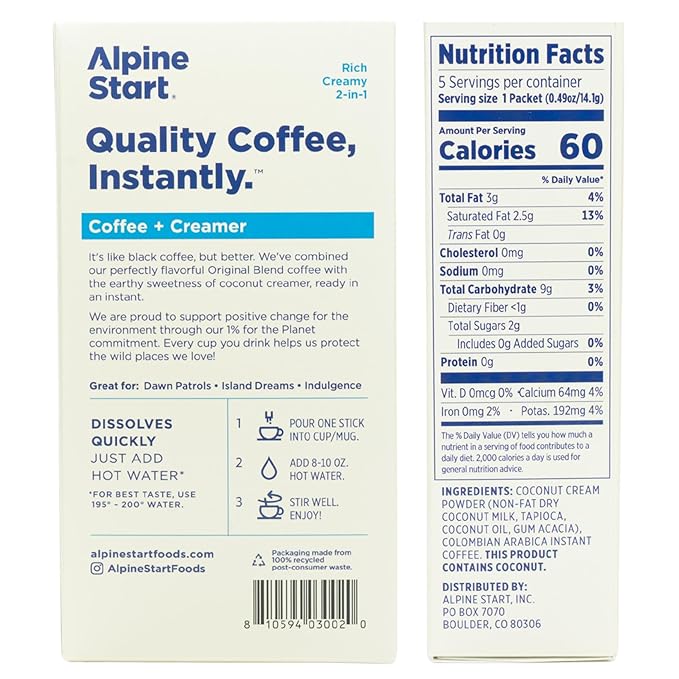 Alpine Start Instant Coffee Packets with Creamer Single Serve - Individual Latte Powder Mix from Arabica Coffee Beans with Non-Dairy Cream for Travel, Hiking, Backpacking (0.49 OZ) Box of 5 Sticks
