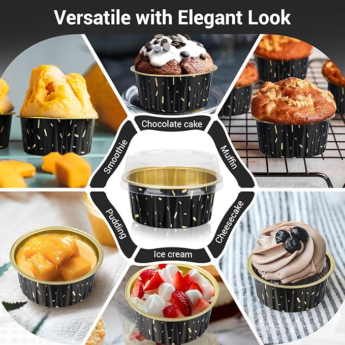 EUSOAR Disposable Ramekins, 200pcs 5oz Aluminum Cupcake Baking Cups Reusable, Mini Muffin Cups Cupcake Liners with Lids, Creme Brulee Containers Mold Tin, for Party Family Gathering Shower Catering