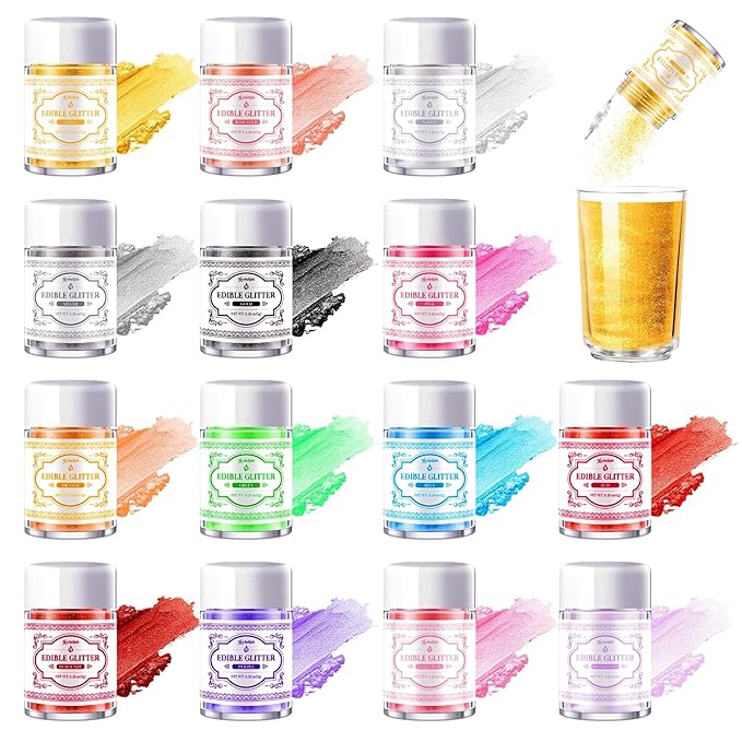 Edible Glitter for Drinks ??14 Colors Luster Dust, Food Grade Cocktail Shimmer Powder for Cakes, Beverages, Chocolate & Candy, 5g/Bottle