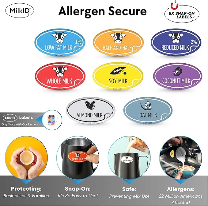Milk Frothing Pitcher with 8 Allergen Silicone Snap-On Labels | Must-Have Barista Tool | Coffee Bar Accessories & Espresso Accessories Kit | (12oz / Black Pitcher + Labels)