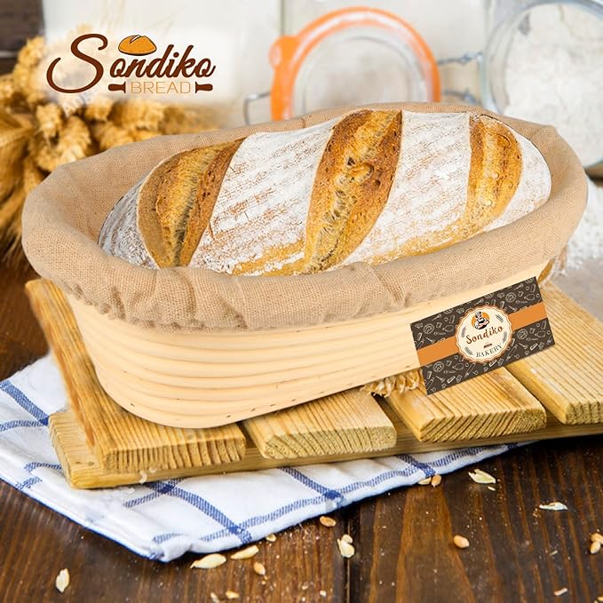 Sondiko Oval Bread Proofing Basket, Handmade Sourdough Bread Baking Supplies, Banneton Bread Proofing Basket Brotform with Proofing Cloth Liner for Sourdough Bread, Baking