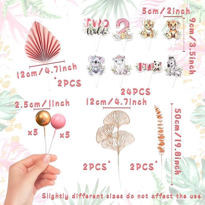 40 PCS Two Wild Cake Topper 2nd Birthday Party Girl Safari Animal Cake Decorations Pink Two Wild 2 Birthday Decor Jungle Cake Toppers Baby Shower