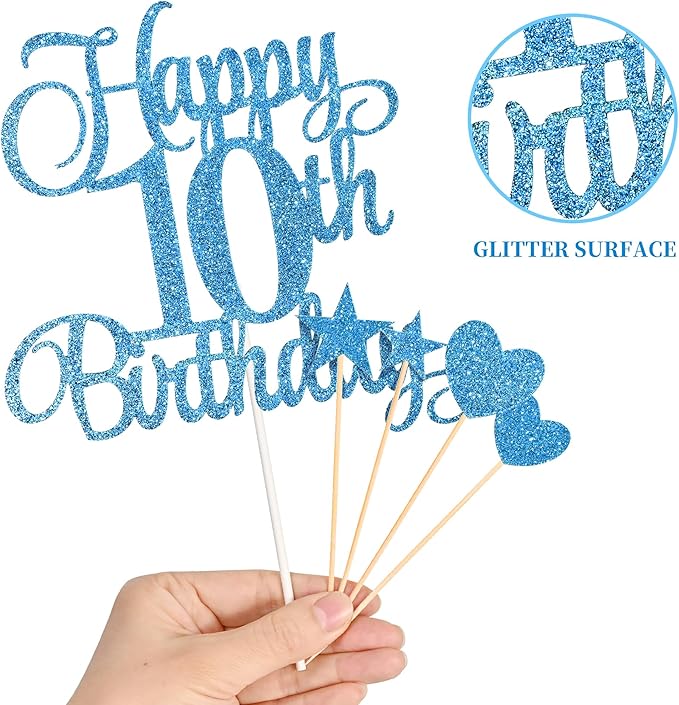 10th Birthday Cake Decorations, 10th Birthday Candles Cake Numeral Candles and Glitter Happy 10th Birthday Cake Toppers Set for Birthday Party Supplies (Blue)