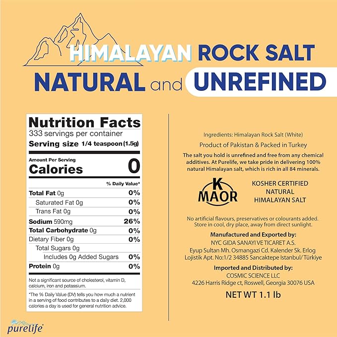 Purelife Himalayan Coarse Salt White – Unrefined Natural Crystal Rock Salt for Grinders & Mills – Kosher Certified – From the Same Mine as Pink Himalayan Salt – 1.1 lbs