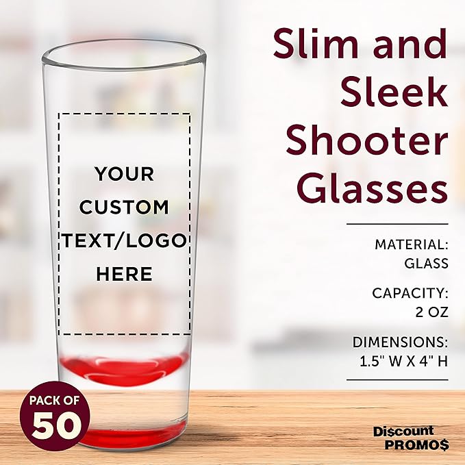 Custom Cordial Shooter Shot Glasses 2 oz. Set of 50, Personalized Bulk Pack - Great for Birthdays, Parties, Indoor & Outdoor Events - Red