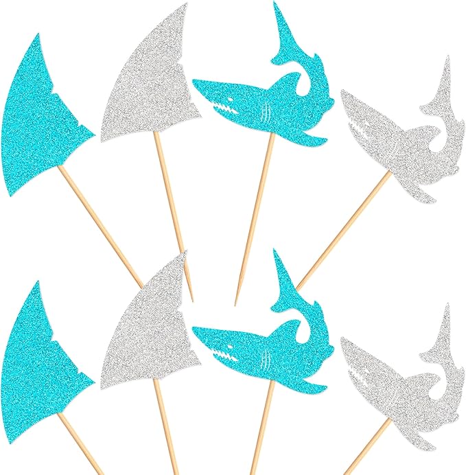 24 PCS Glitter Shark Cupcake Toppers Ocean Themed Party Shark Cake Decor Baby Shower Birthday Party Decorations
