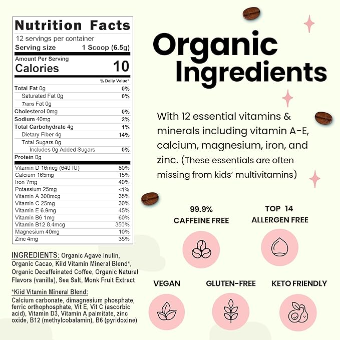 Kiid Coffee - 99.9% Caffeine-Free Organic Coffee for Kids - As Seen on Shark Tank - 12 Vitamins & Minerals, 4g Prebiotics, 0g Sugar - Non-GMO & Gluten-Free - Healthy Snack - Chocolate - 12 Servings