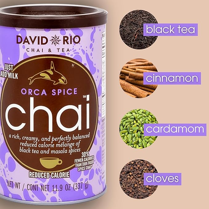 Reduced Calorie Orca Spice + Decaf Flamingo Vanilla Chai Tea Latte Mix (2 Pack) Decaf Black Tea, Organic Spices, Dairy Free, Serve Hot or Cold, Just Add Water or Milk