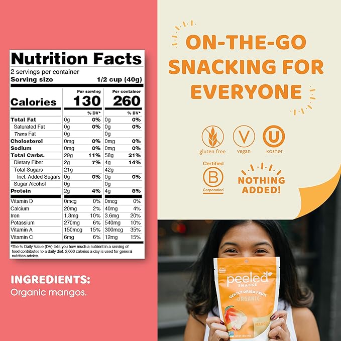Peeled Snacks Organic Dried Fruit ??Healthy, Vegan Snacks for On-the-Go Lunch and More Mango 2.8 Oz (Pack of 4)