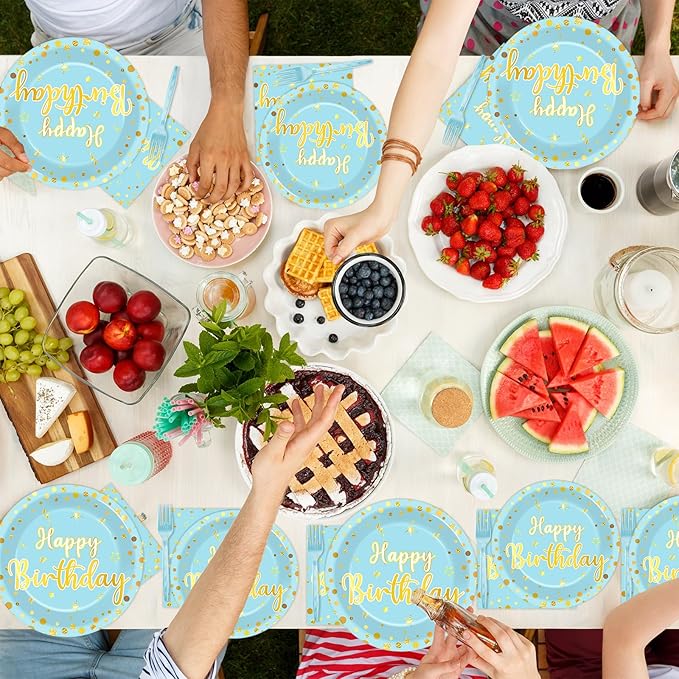 96PCS Blue Birthday Plates and Napkins Birthday Party Decorations Light Blue and Gold Dessert Plates Tableware for 24 Guests Kids Party Supplies