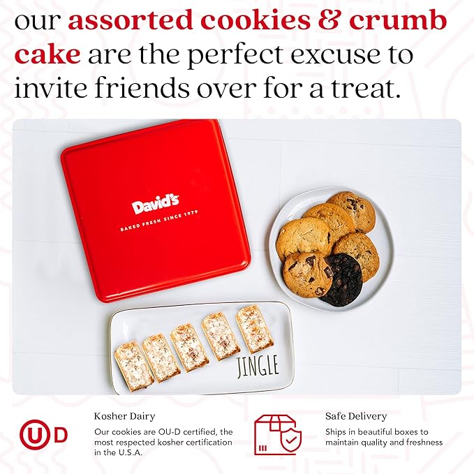 David's Cookies Assorted Fresh Baked Cookies & Crumb Cake Tin - 1Lb Assorted Cookies + 8 Individually Wrapped Crumb Cakes With Raspberry & Original Butter Flavors ??Delicious Gourmet Food Gift For All