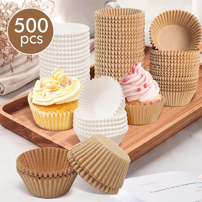 500pcs Standard Natural cupcake liners for baking,food grade cupcake wrappers,non-stick, greaseproof parchment muffin liners,by Bake Choice (500PCS Brown)