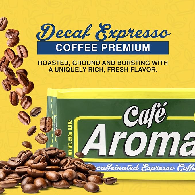 Café Aroma Decaf Dark Roast Espresso Ground Coffee, Authentic Cuban Style Coffee, Vacuum Sealed, 8.8oz, Perfect for Hot and Iced Coffee, 1-Pack