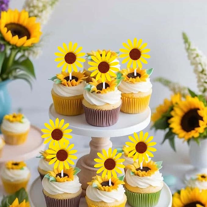 30 Pack Sunflower Cupcake Toppers Glitter Baby Shower Sunflower Cupcake Picks for Gender Reveal Theme Baby Shower 1st Birthday Party Cake Decorations Supplies Yellow