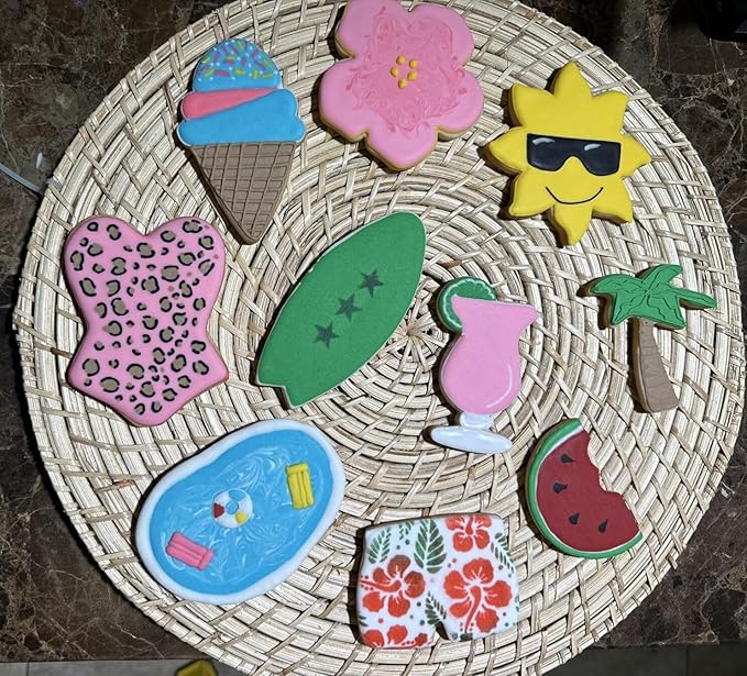 Beach Cookie Cutter Set-9 Piece-Flip Flop, Sunglasses, Sun, Ice Cream, Palm Tree, Bathing Suit, Tropical Flower, Surfboard-Diswasher Safe-Summer Cookie Cutters Shapes for baking