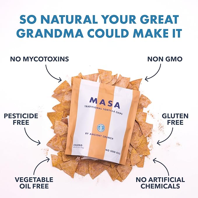 MASA Tortilla Chips - Churro Chips - No Seed Oil Snacks - Corn TortillaChips - Made with Grass Fed Beef Tallow, Powdered Sugar, Royal Cinnamon,Sea Salt - Sweet and Salty Snacks - 6 Pack - 5 oz/Pack