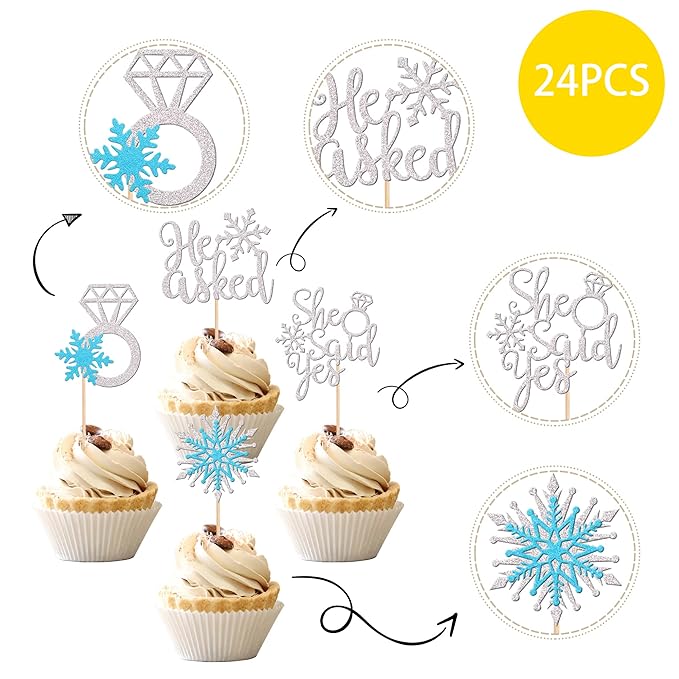 24 PCS He Asked She Said Yes Cupcake Toppers Glitter Diamond Ring Snowflake Cupcake Picks Bridal Shower Cake Decorations for Winter Wonderland Wedding Engagement Party Cake Decorations Supplies