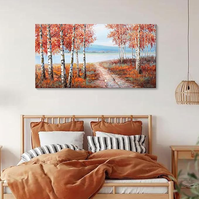 YDYSUNE Birch Tree Wall Art - Orange Large Canvas Wall Decor Forest Landscape Picture for Living Room Red Home Bedroom Decoration Tree Framed Painting Artwork Size 24X48Inch