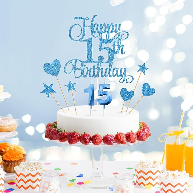 15th Birthday Cake Decorations, 15th Birthday Candles Cake Numeral Candles and Glitter Happy 15th Birthday Cake Toppers Set for Birthday Party Supplies (Blue)