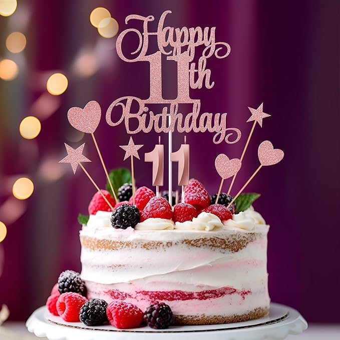 11th Birthday Cake Decorations, 11th Birthday Candles Cake Numeral Candles and Glitter Happy 11th Birthday Cake Toppers Set for Birthday Party Supplies (Rose Gold)