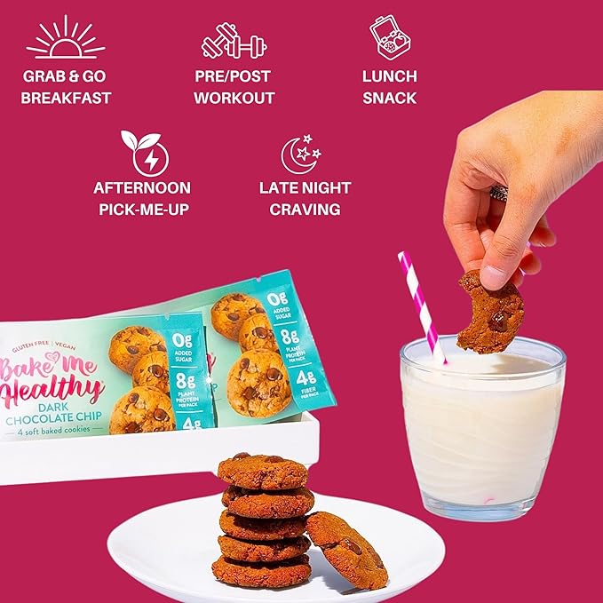 Bake Me Healthy Gluten-Free Cookies - Dark Chocolate Chip Cookies, 10 Snack Packs - Peanut Free, Gluten Free, Egg Free, Dairy Free, Top 9 Allergen-Friendly