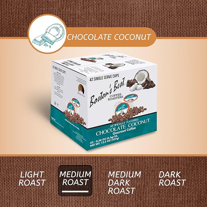 Bostonโs Best - Chocolate Coconut Flavored Dessert Gourmet Coffee Compatible with Keurig Coffee Maker, 1 Count (42 Single Serve Medium Roast Cups)