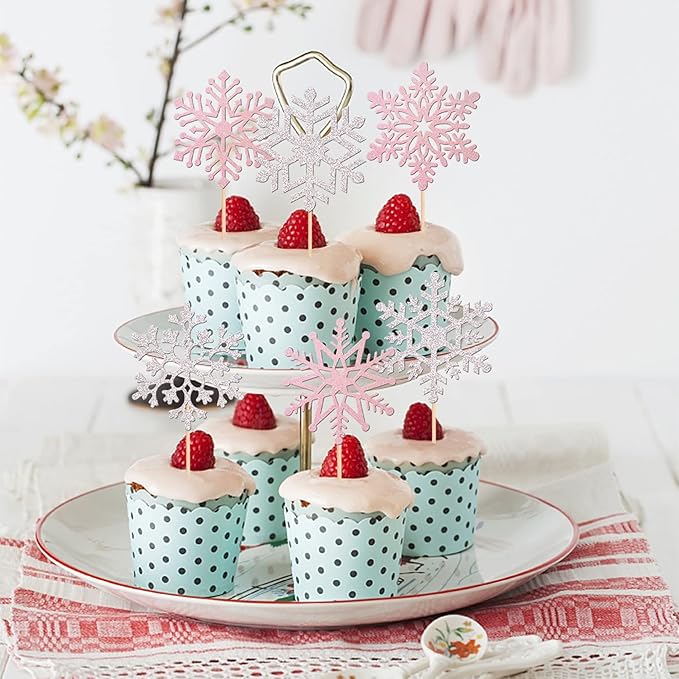 36 PCS Snowflake Cupcake Toppers Glitter Winter Frozen Theme Cupcake Picks Little Snowflake Cake Decorations for Winter Wonderland Baby Shower Kids Birthday Christmas Party Supplies Silver Pink