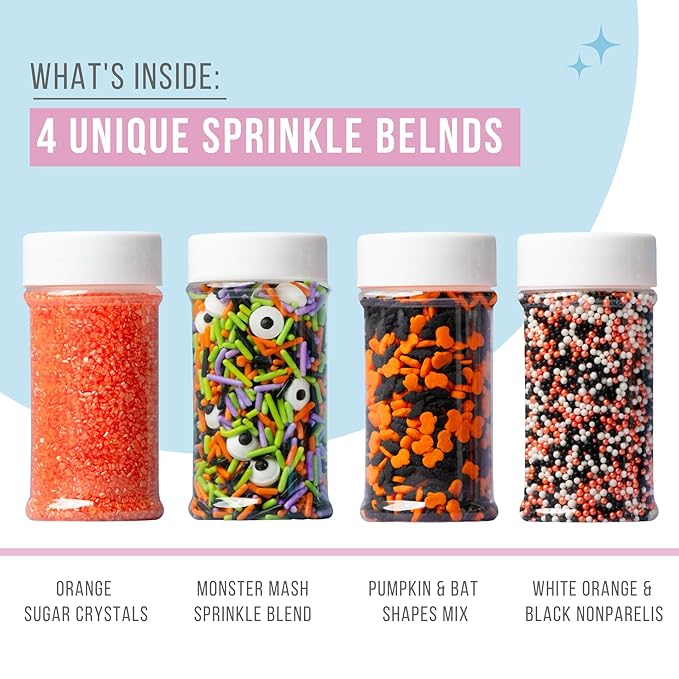 Sweets Indeed Halloween Sprinkles 4-Pack ??10.90 oz Jar Set | Candy Eyeball Mix, Bat & Pumpkin Quin Mix, Orange Sanding Sugar & Black/White/Orange Nonpareils | Cupcake & Cookie Decorations