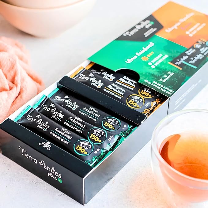Organic Raw Honey Sachets 24 units by Terra Andes Plus - Ideal for Travel, Sports, Superfood Snacks and On-the-Go Daily Wellness - Ulmo Rainforest / Patagonia Mountain APF 150 - raw honey organic unfiltered