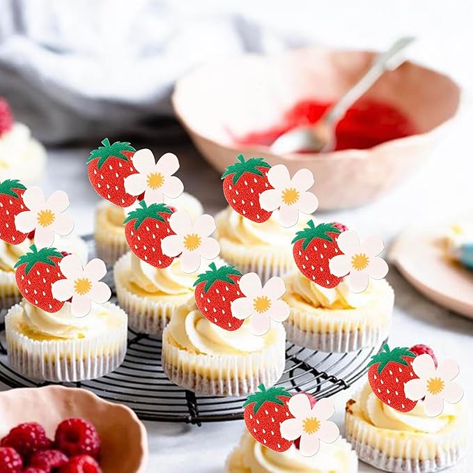 60 Pack Edible Sweet Strawberry Flower Cupcake Toppers First Birthday Strawberry Flower Rice Paper Wafer Paper Cake Picks for Fruit 1st Berry Sweet Kids Birthday Cake Decorations