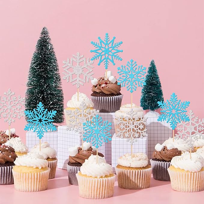 36 PCS Snowflake Cupcake Toppers Glitter Winter Frozen Theme Cupcake Picks for Winter Wonderland Snowflake Theme Baby Shower Kids Birthday Christmas Party Cake Decorations Supplies Silver Blue