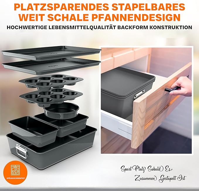 NutriChef 8-Piece Nonstick Stackable Bakeware Set - PFOA, PFOS, PTFE Free Baking Tray Set w/Non-Stick Coating, 450°F Oven Safe, Round Cake, Loaf, Muffin, Wide/Square Pans, Cookie Sheet (Gray)