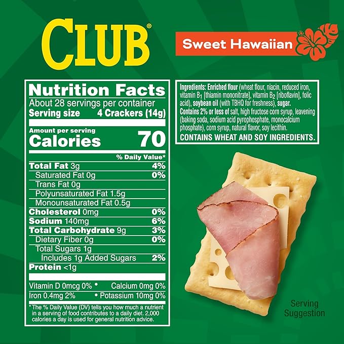 Club Crackers, Lunch Snacks, Snack Crackers, Sweet Hawaiian, 13.7oz Box (1 Box)